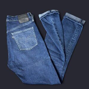 Levi''s Made & Crafted 501 skinny blue denim jeans with selvege edge laser print